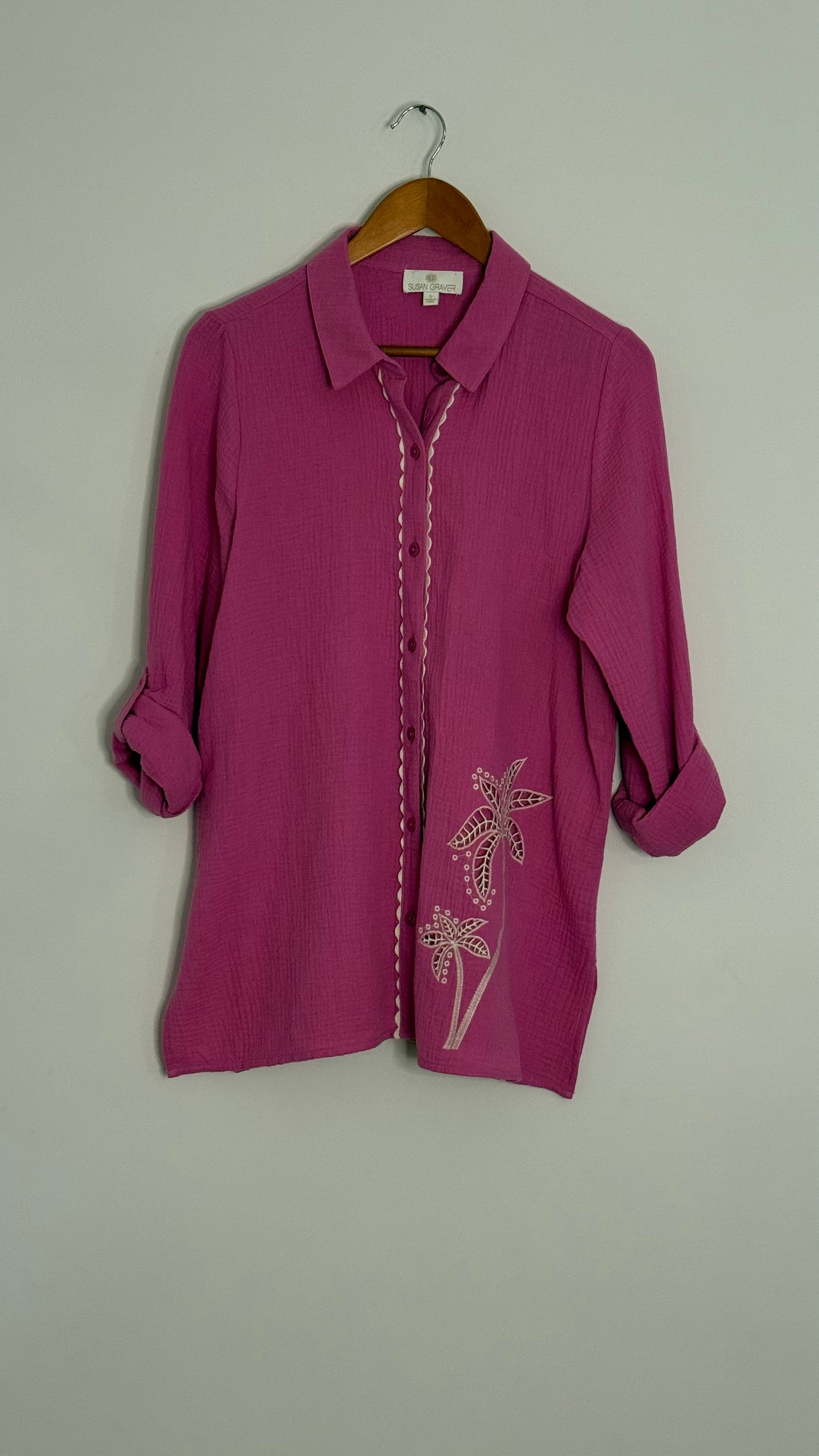 l/s pink cotton gauze button up embroidery