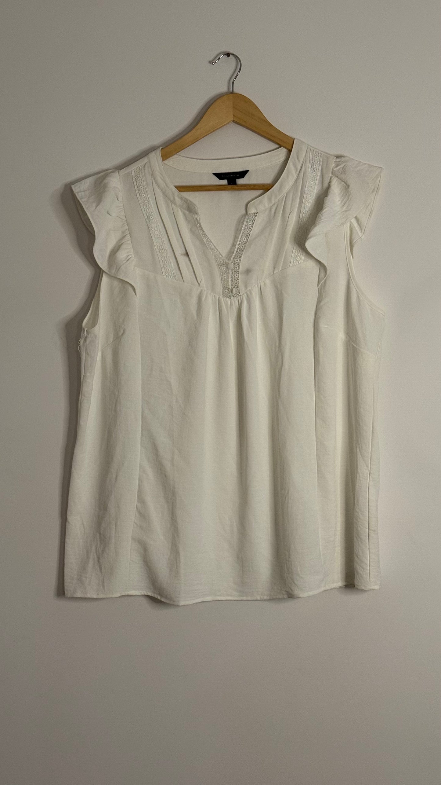 white ruffle shoulder tank top