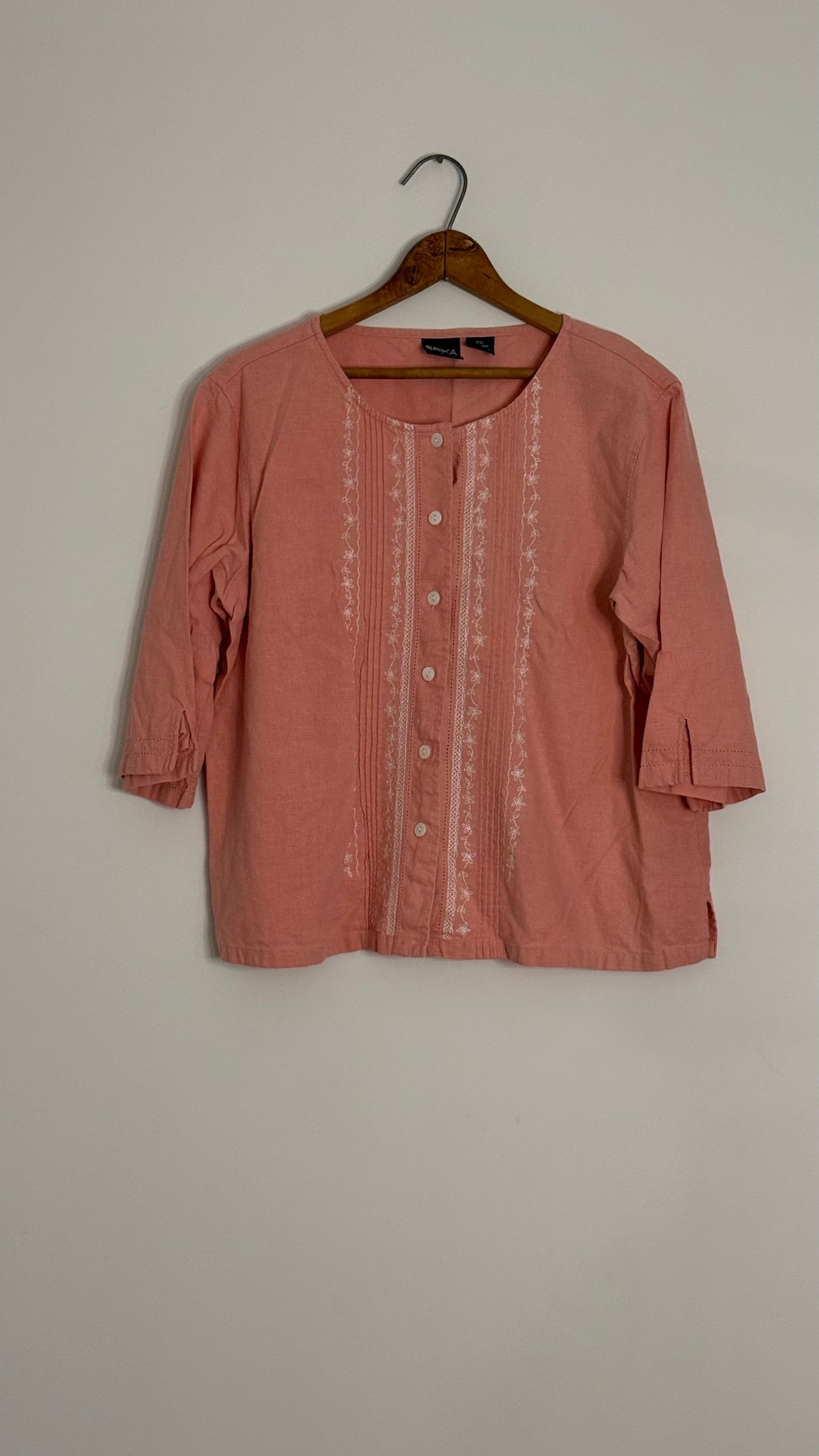 erika pink linen button up with white embroidery on front