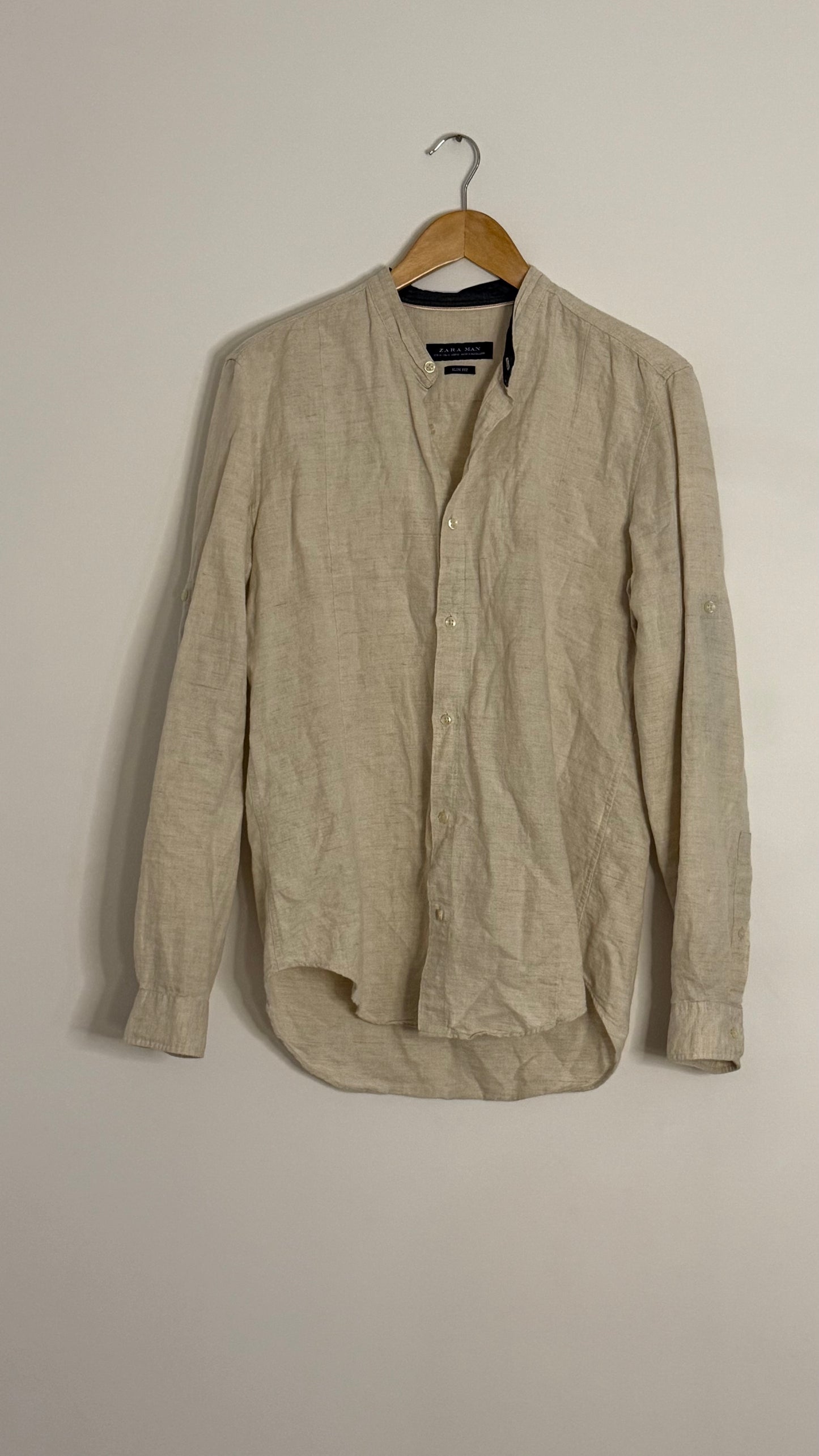 zara l/s tan linen button up mandarin collar