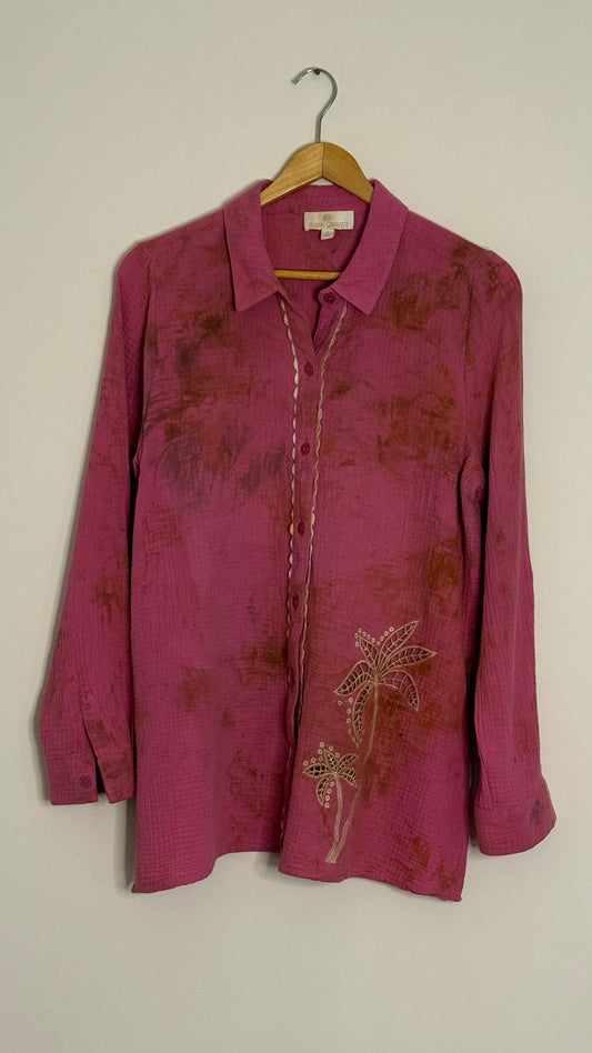l/s pink cotton gauze button up embroidery