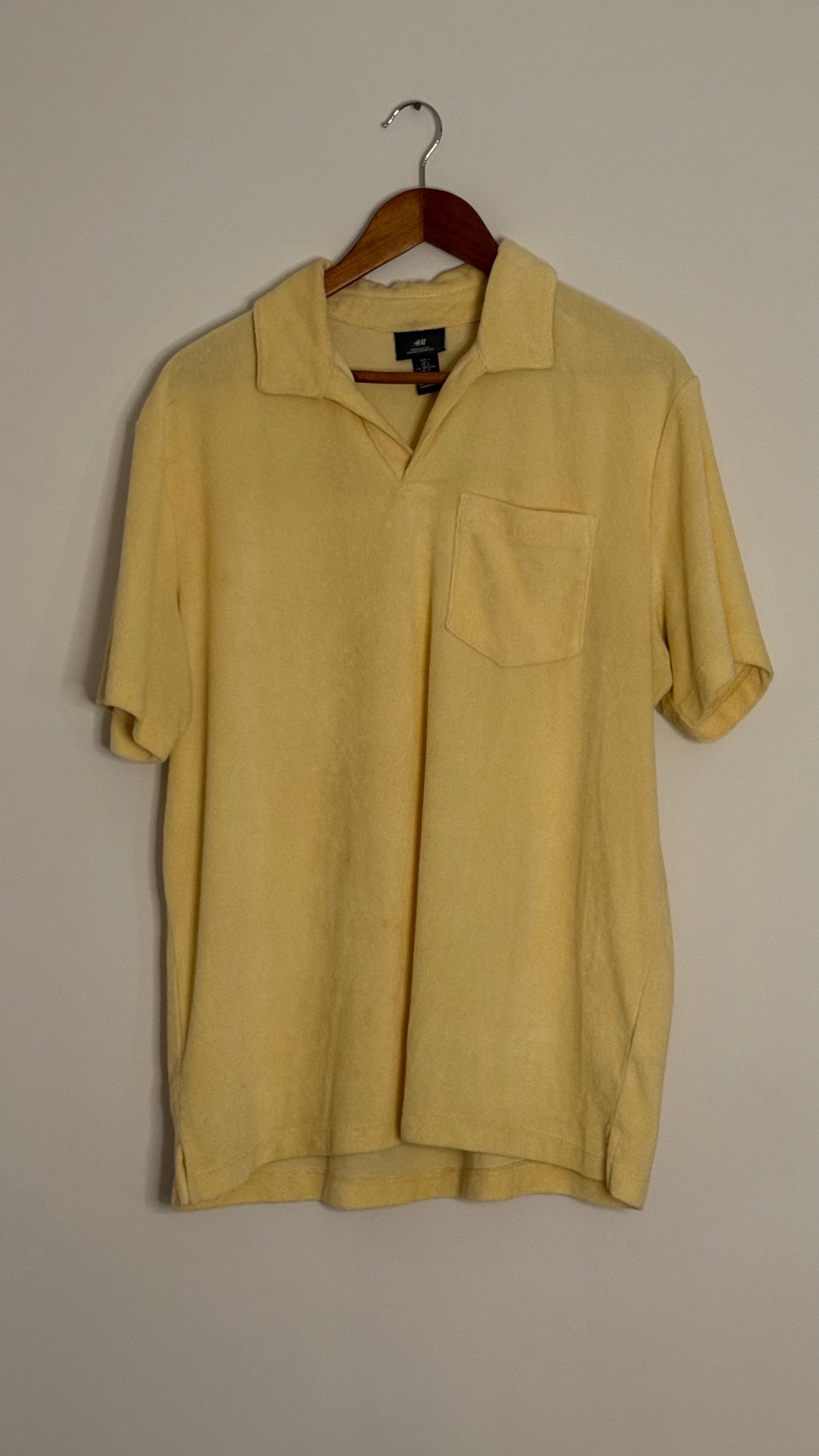 s/s yellow terry cloth v neck collared top