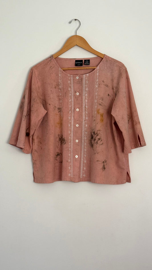 erika pink linen button up with white embroidery on front