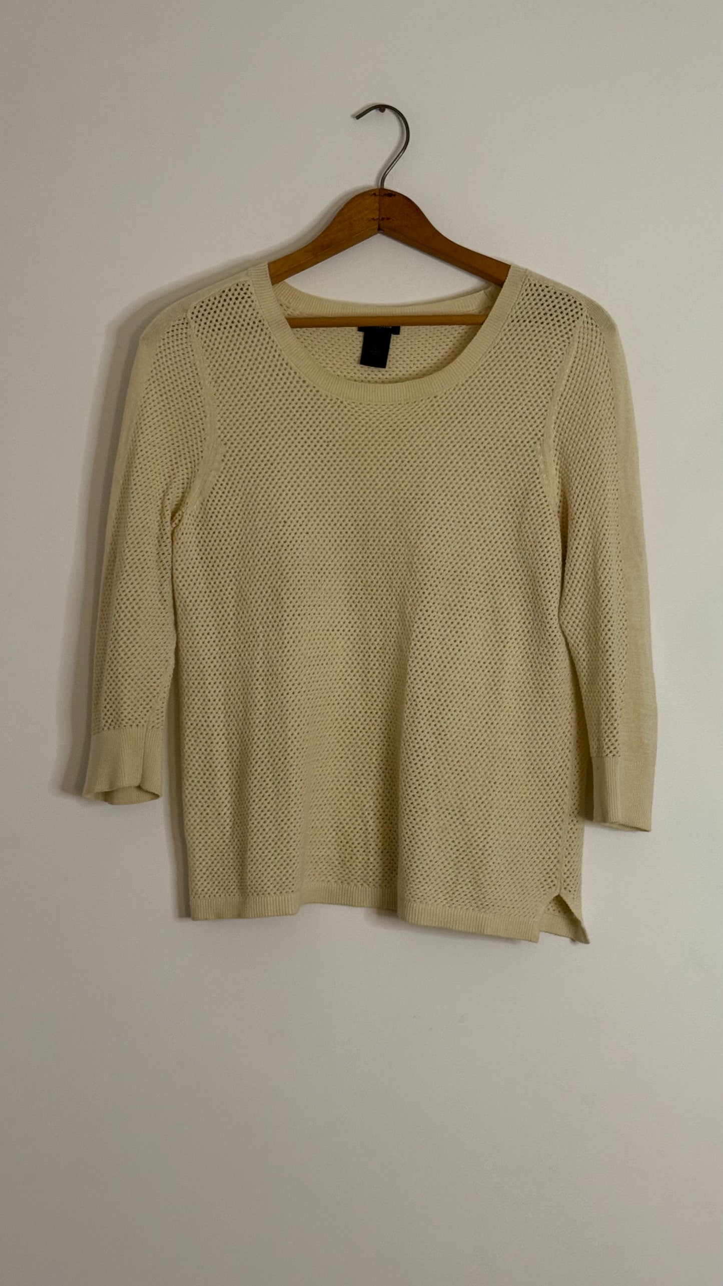 ann taylor 3/4 sleeve cream open crochet sweater
