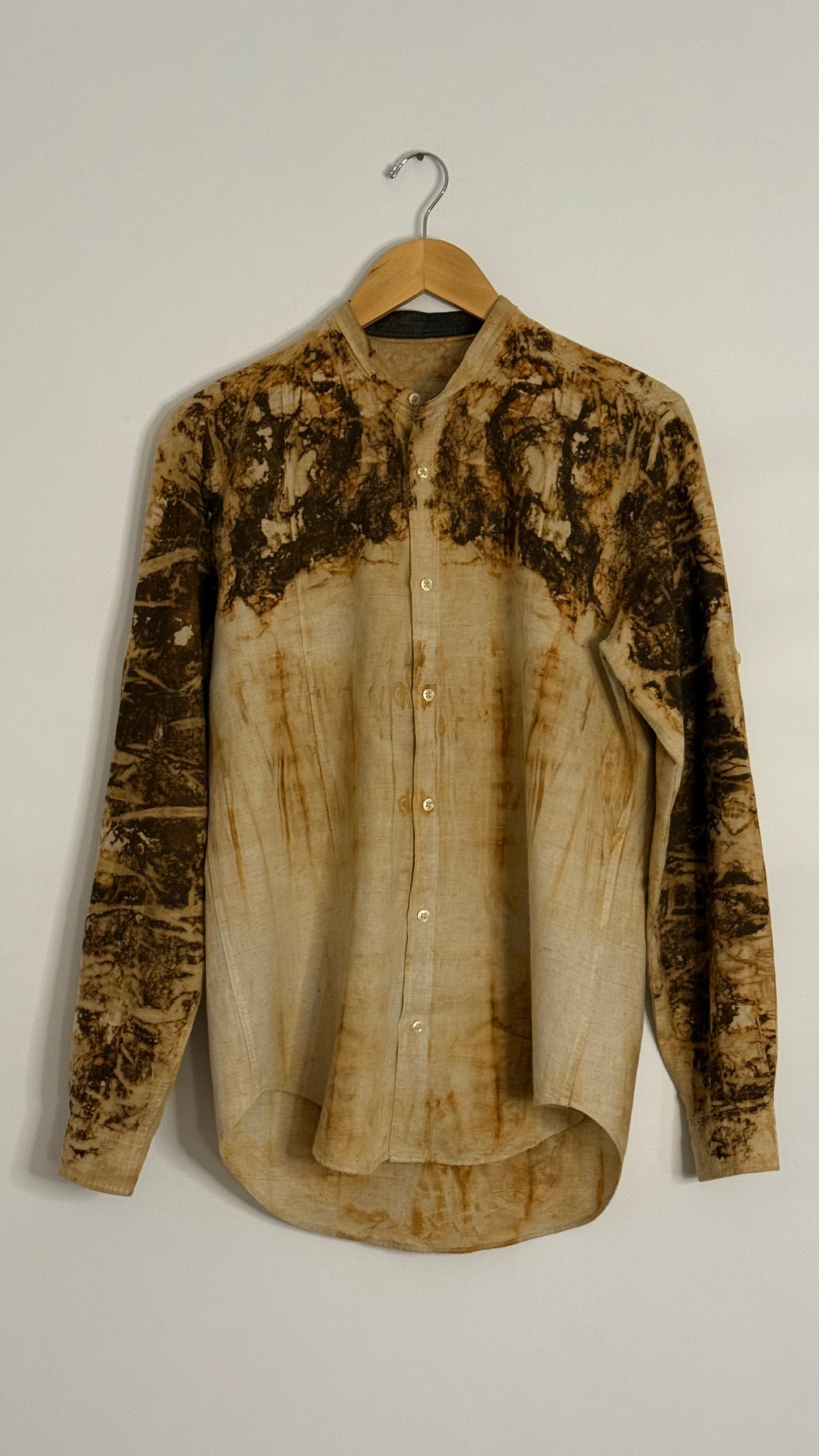 zara l/s tan linen button up mandarin collar