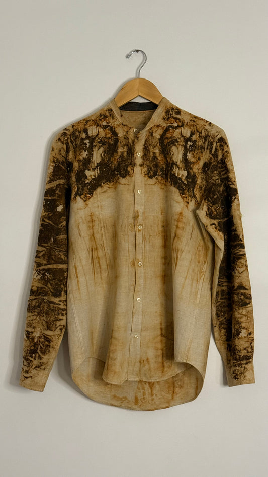 zara l/s tan linen button up mandarin collar