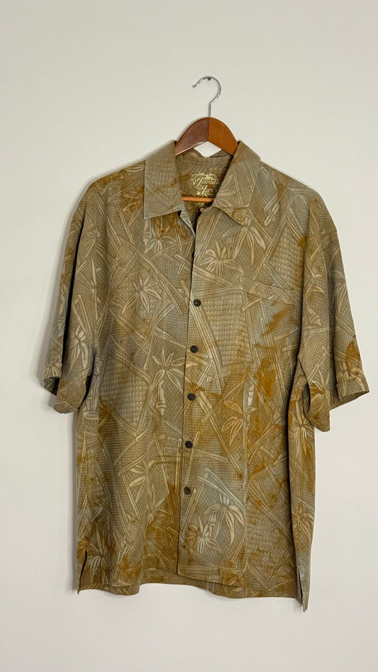 s/s tan button up bamboo print